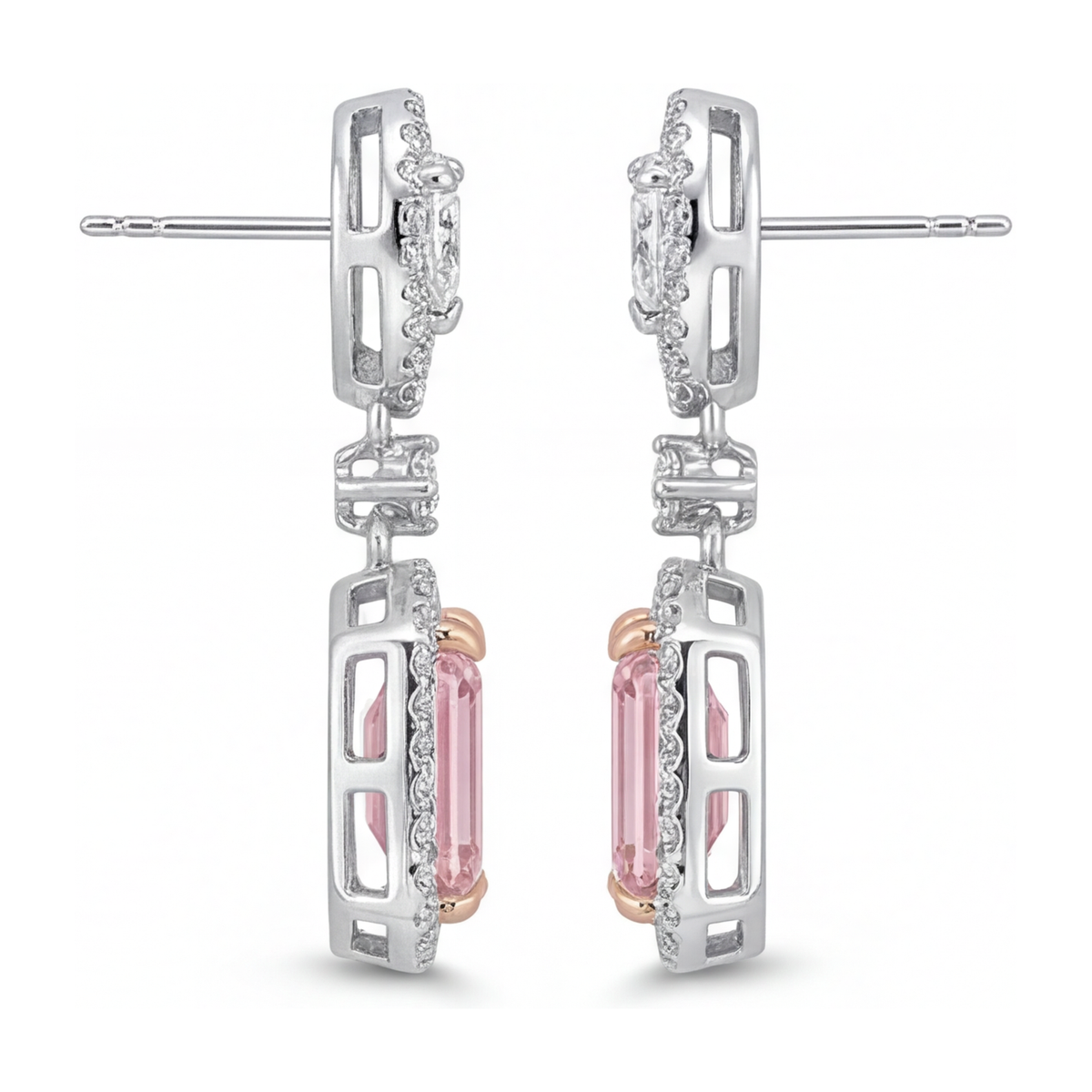 Pink Diamond Drop Earrings 5 Carat Lab Grown Emerald Cut Halo 14K White Gold