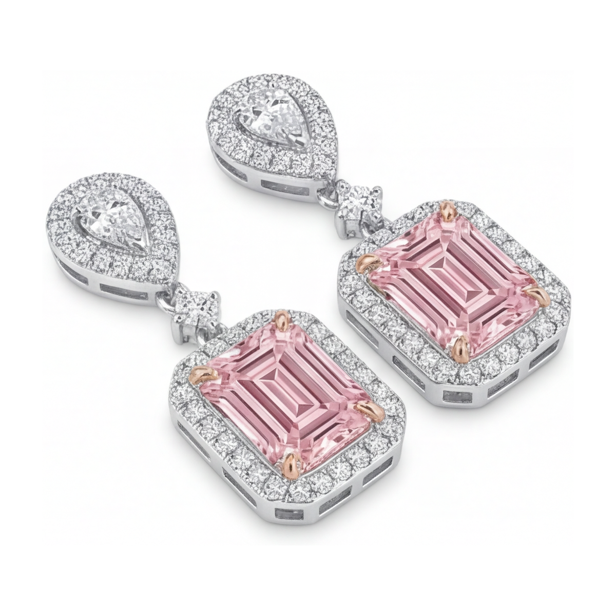 Pink Diamond Drop Earrings 5 Carat Lab Grown Emerald Cut Halo 14K White Gold
