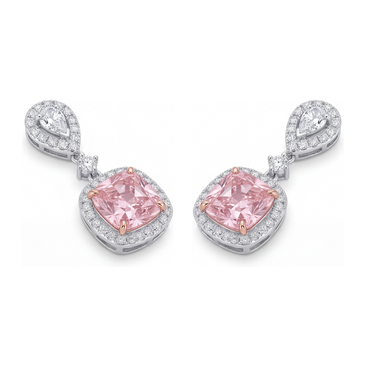 Pink Diamond Drop Earrings 5 Carat Lab Grown Cushion Halo Pear Tops 14K White Gold