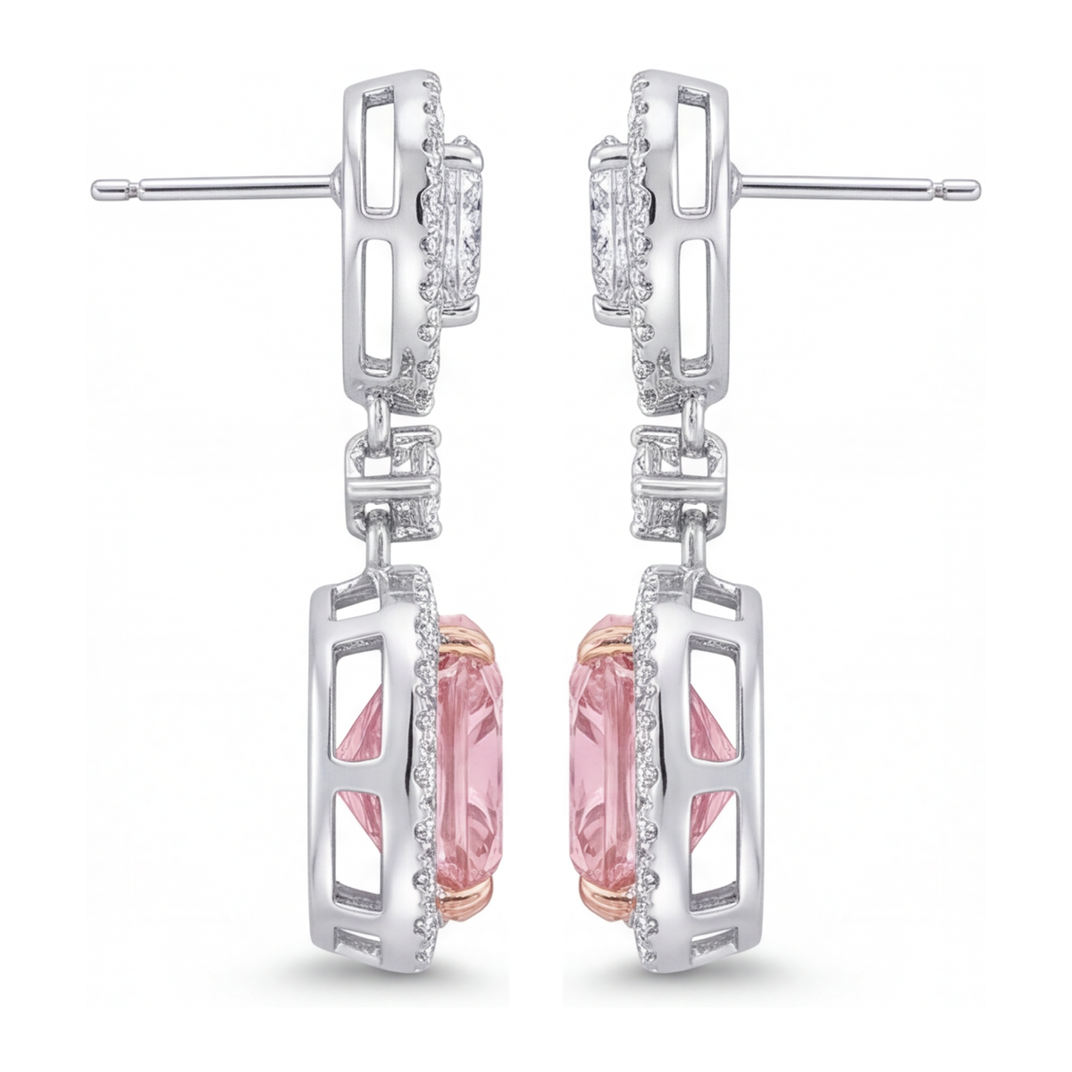 Pink Diamond Drop Earrings 5 Carat Lab Grown Cushion Halo Pear Tops 14K White Gold