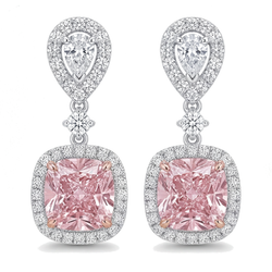 Pink Diamond Drop Earrings 5 Carat Lab Grown Cushion Halo Pear Tops 14K White Gold