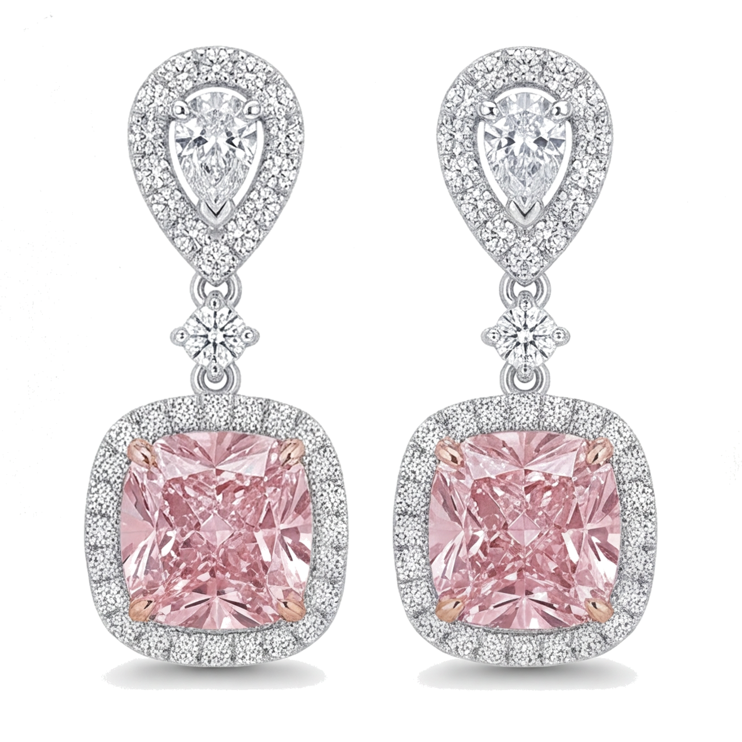 Pink Diamond Drop Earrings 5 Carat Lab Grown Cushion Halo Pear Tops 14K White Gold