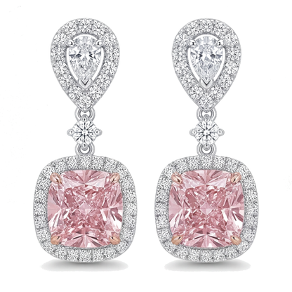 Pink Diamond Drop Earrings 5 Carat Lab Grown Cushion Halo Pear Tops 14K White Gold