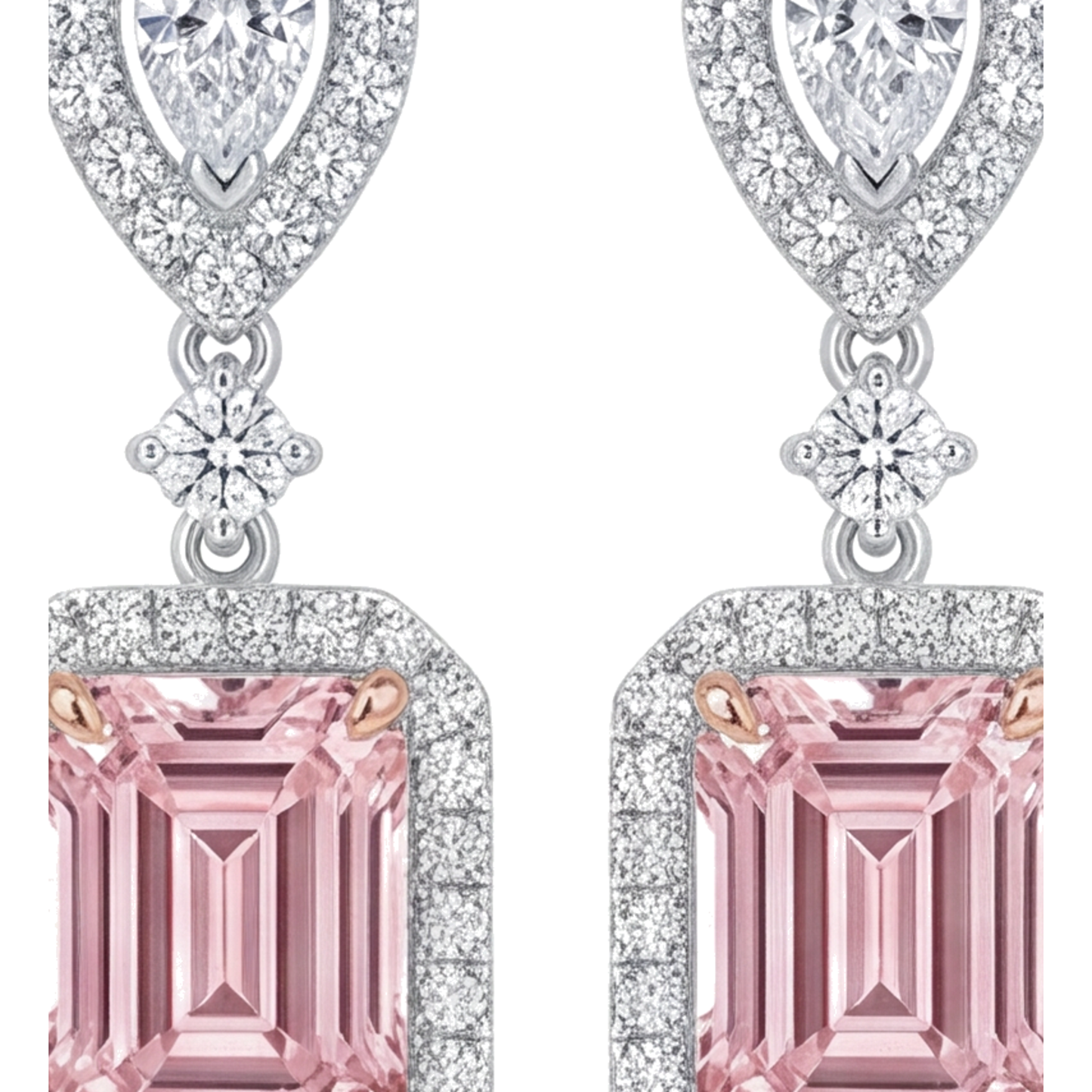 Pink Diamond Drop Earrings 5 Carat Lab Grown Emerald Cut Halo 14K White Gold