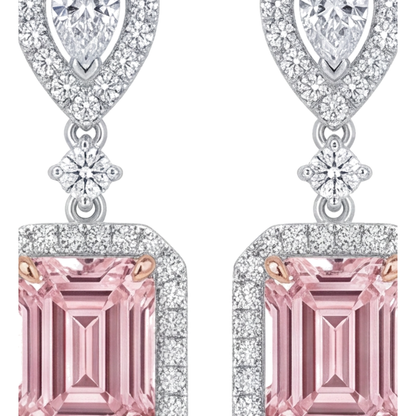 Pink Diamond Drop Earrings 5 Carat Lab Grown Emerald Cut Halo 14K White Gold