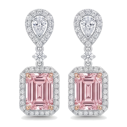 Pink Diamond Drop Earrings 5 Carat Lab Grown Emerald Cut Halo 14K White Gold