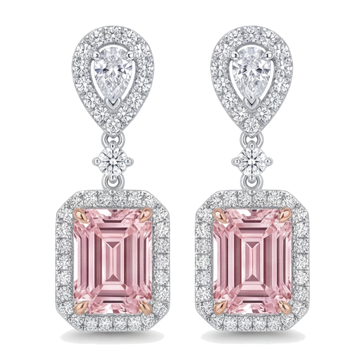 Pink Diamond Drop Earrings 5 Carat Lab Grown Emerald Cut Halo 14K White Gold