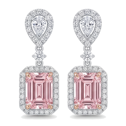Pink Diamond Drop Earrings 5 Carat Lab Grown Emerald Cut Halo 14K White Gold