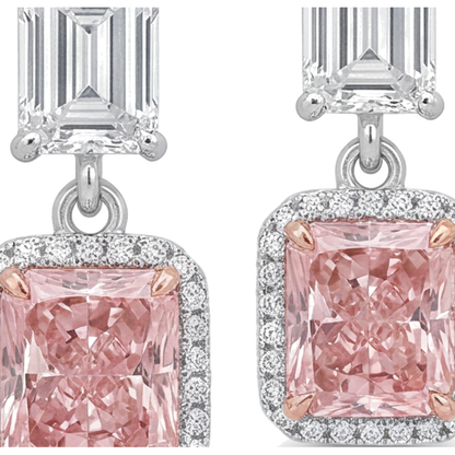 Pink Diamond Drop Earrings 5 Carat Lab Grown Radiant Halo Emerald Cut Tops 14K White Gold