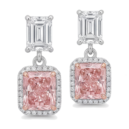 Pink Diamond Drop Earrings 5 Carat Lab Grown Radiant Halo Emerald Cut Tops 14K White Gold