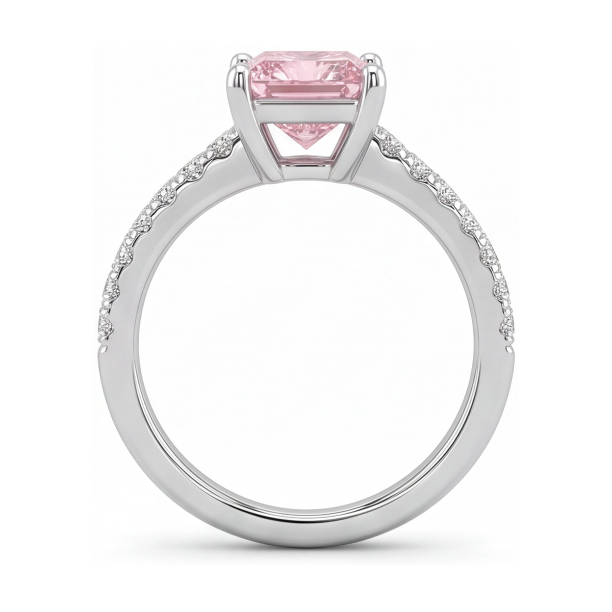 Pink Diamond Ring 3.5 Carat Lab Grown Princess Pave Solitaire 14K White Gold