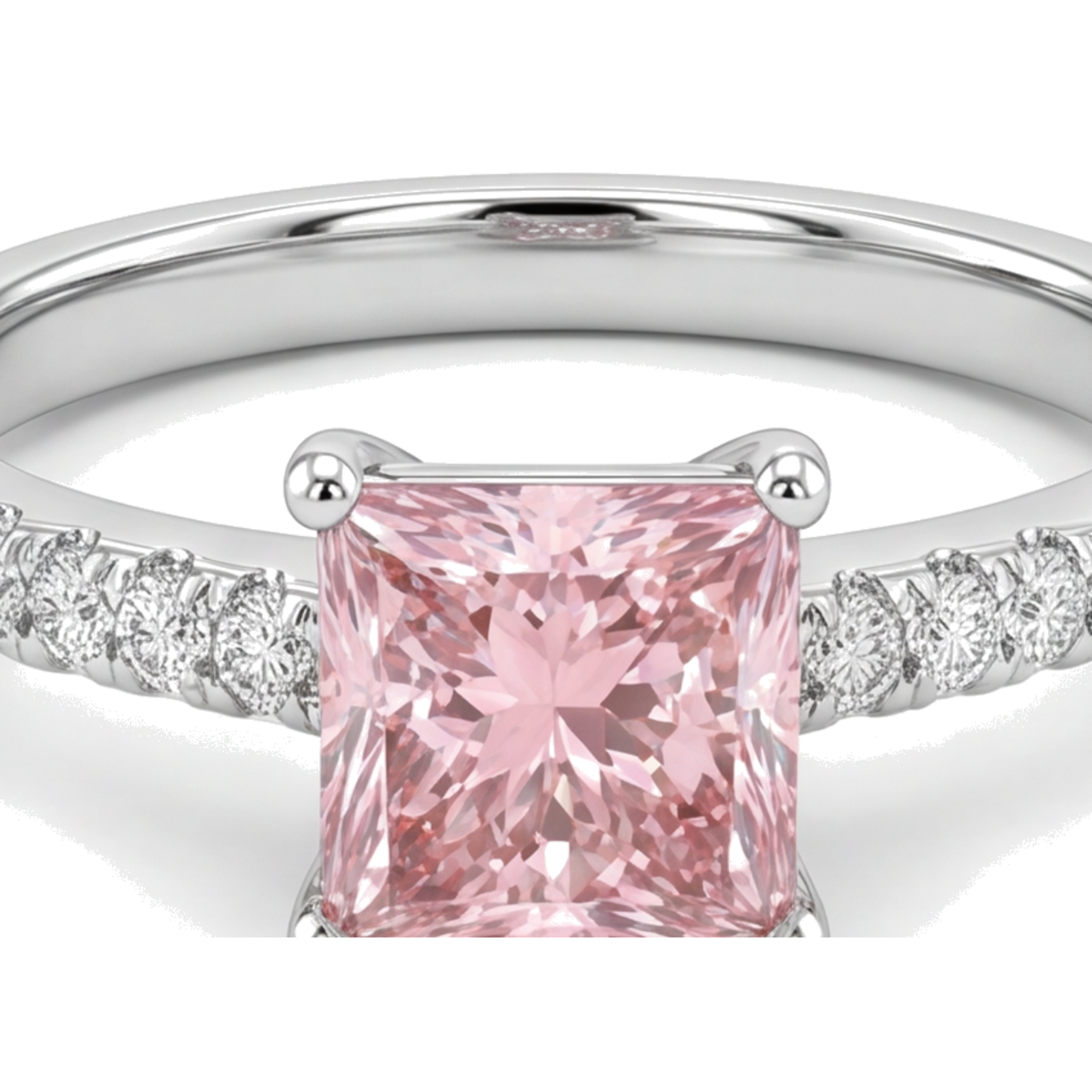 Pink Diamond Ring 3.5 Carat Lab Grown Princess Pave Solitaire 14K White Gold
