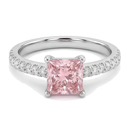 Pink Diamond Ring 3.5 Carat Lab Grown Princess Pave Solitaire 14K White Gold