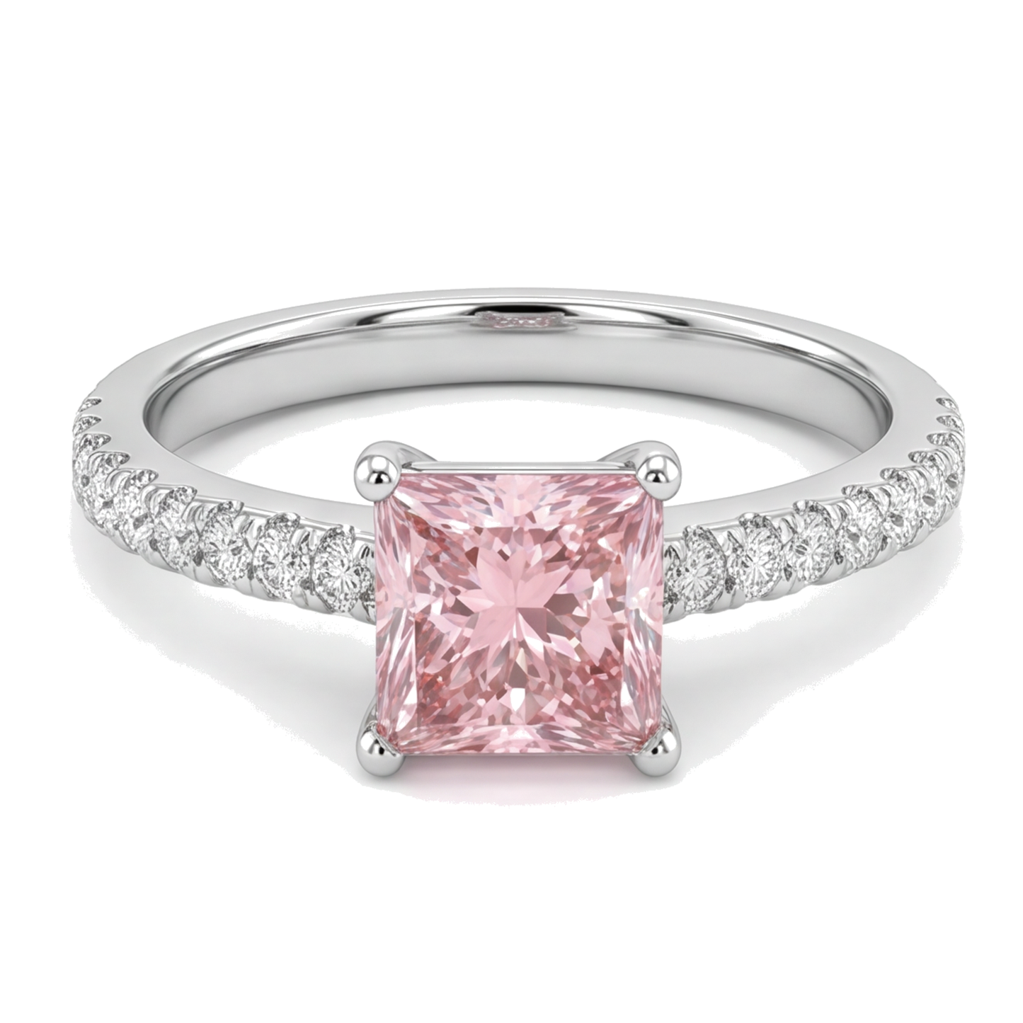 Pink Diamond Ring 3.5 Carat Lab Grown Princess Pave Solitaire 14K White Gold