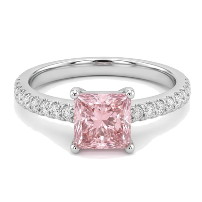 Pink Diamond Ring 3.5 Carat Lab Grown Princess Pave Solitaire 14K White Gold