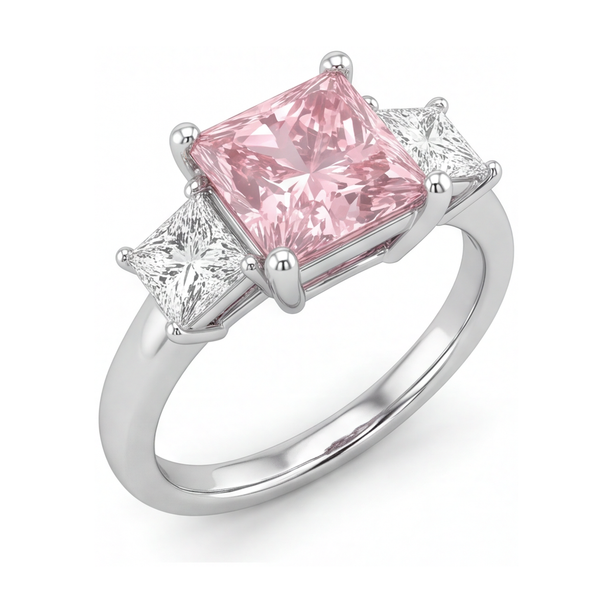 Pink Diamond Ring 4.5 Carat Lab Grown Princess Three Stone 14K White Gold