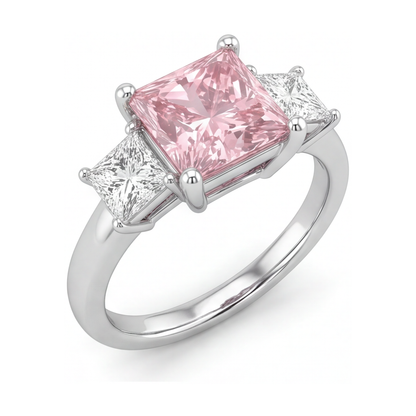 Pink Diamond Ring 4.5 Carat Lab Grown Princess Three Stone 14K White Gold