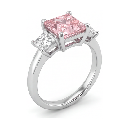 Pink Diamond Ring 4.5 Carat Lab Grown Princess Three Stone 14K White Gold