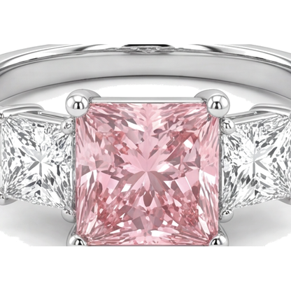 Pink Diamond Ring 4.5 Carat Lab Grown Princess Three Stone 14K White Gold