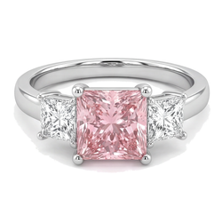 Pink Diamond Ring 4.5 Carat Lab Grown Princess Three Stone 14K White Gold