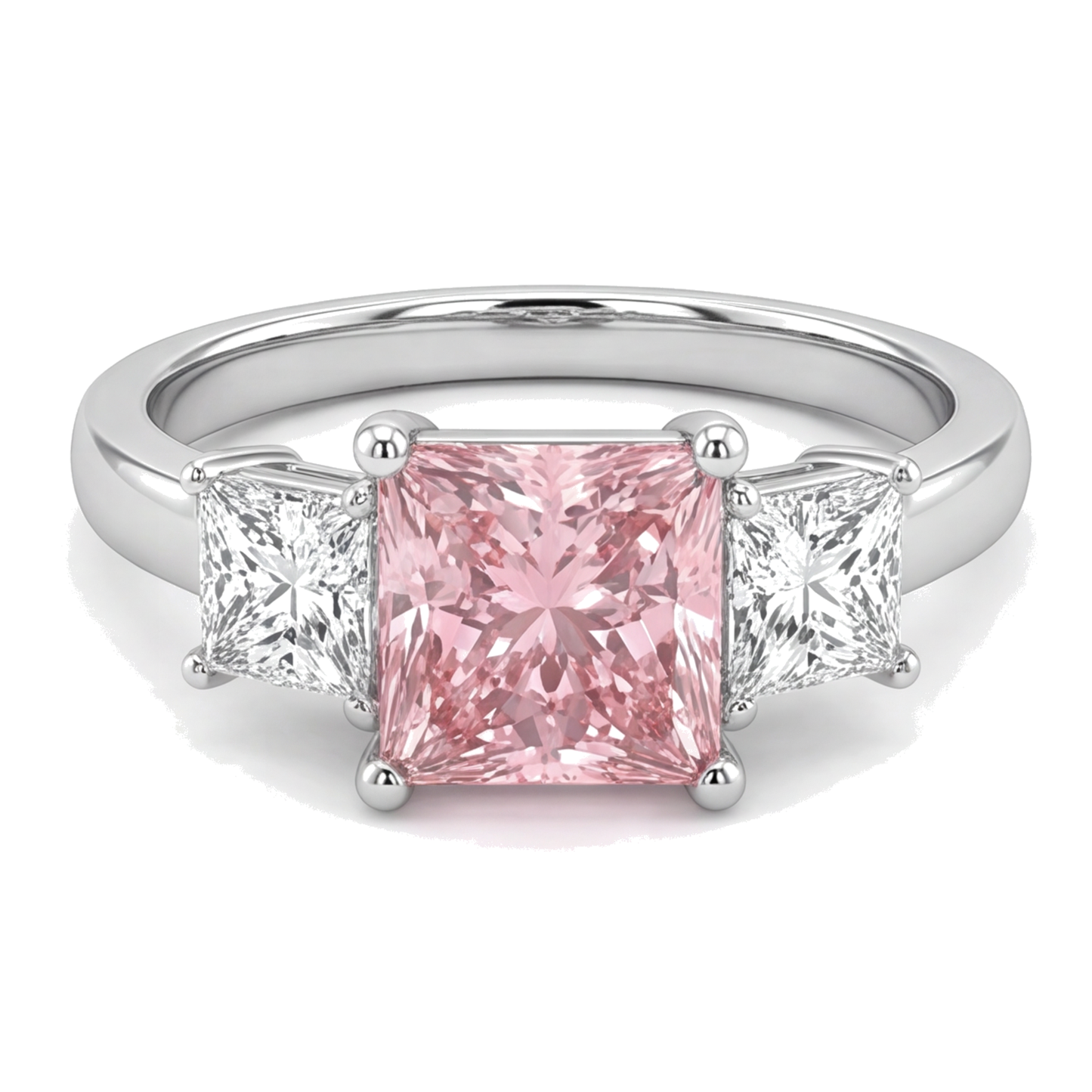 Pink Diamond Ring 4.5 Carat Lab Grown Princess Three Stone 14K White Gold
