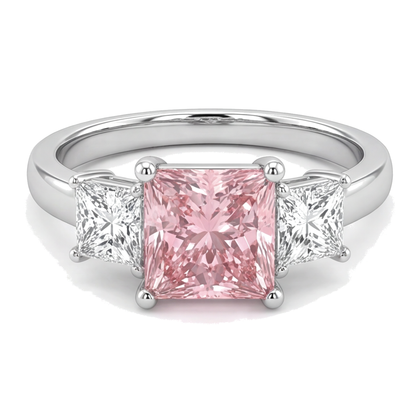 Pink Diamond Ring 4.5 Carat Lab Grown Princess Three Stone 14K White Gold