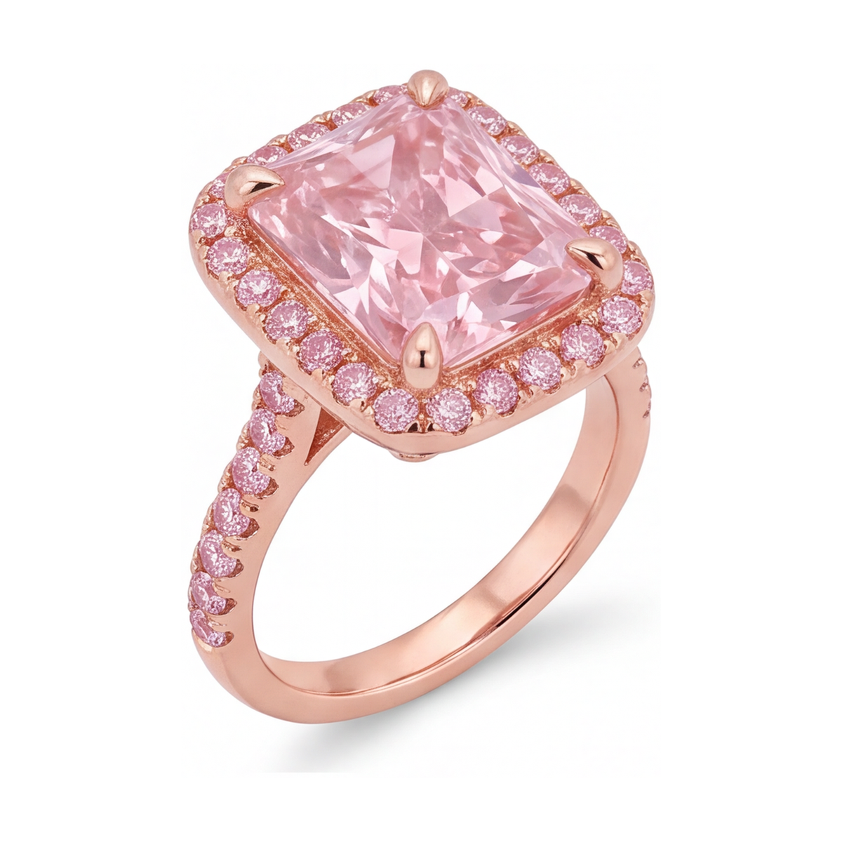 Pink Diamond Ring 6 Carat Lab Grown Radiant Halo Pave 14K Rose Gold