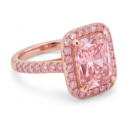 Pink Diamond Ring 6 Carat Lab Grown Radiant Halo Pave 14K Rose Gold