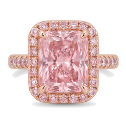 Pink Diamond Ring 6 Carat Lab Grown Radiant Halo Pave 14K Rose Gold