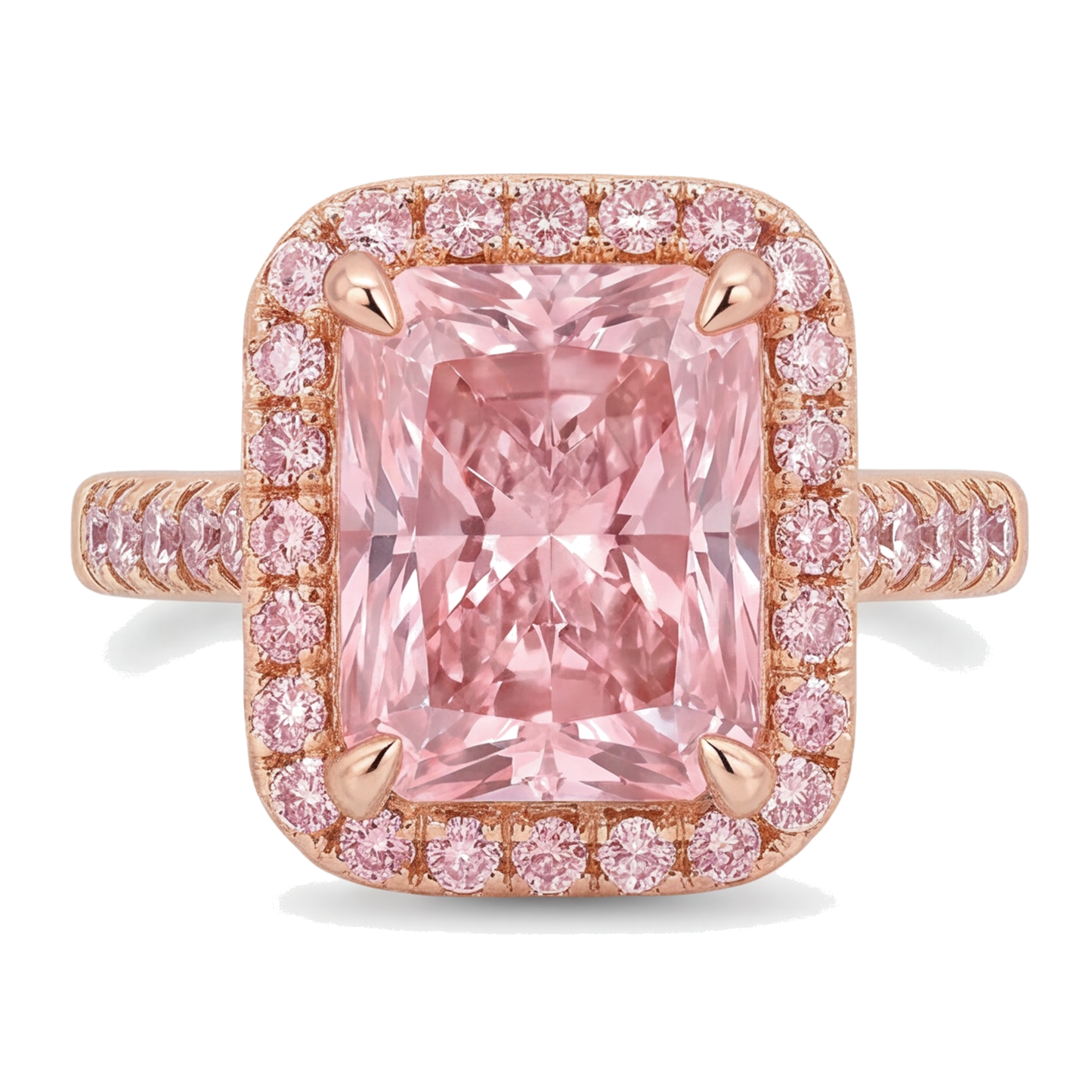 Pink Diamond Ring 6 Carat Lab Grown Radiant Halo Pave 14K Rose Gold