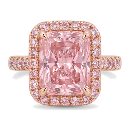 Pink Diamond Ring 6 Carat Lab Grown Radiant Halo Pave 14K Rose Gold