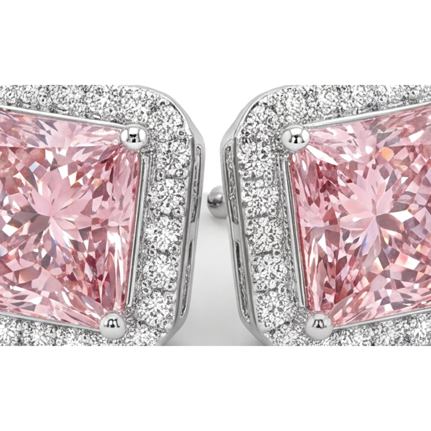 Pink Diamond Stud Earrings 3.5 Carat Lab Grown Radiant Halo 14K White Gold