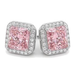 Pink Diamond Stud Earrings 3.5 Carat Lab Grown Radiant Halo 14K White Gold