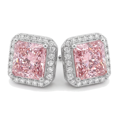 Pink Diamond Stud Earrings 3.5 Carat Lab Grown Radiant Halo 14K White Gold