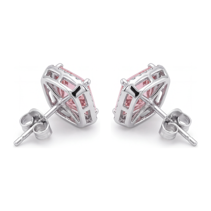 Pink Diamond Stud Earrings 3.5 Carat Lab Grown Radiant Halo 14K White Gold