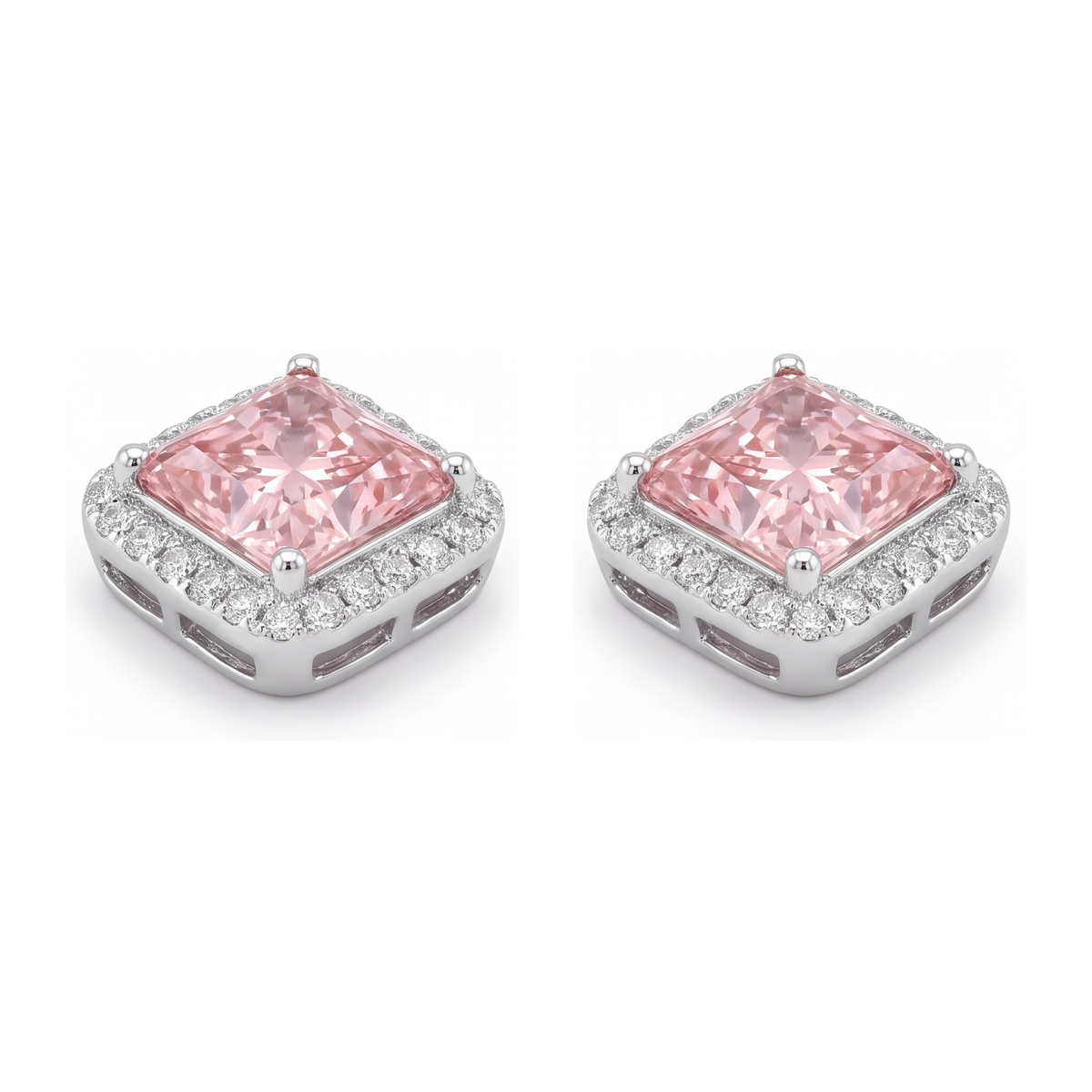 Pink Diamond Stud Earrings 3.5 Carat Lab Grown Radiant Halo 14K White Gold