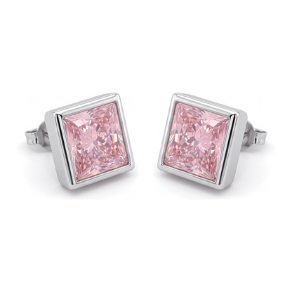 Pink Diamond Stud Earrings 3 Carat Lab Grown Princess Bezel 14K White Gold