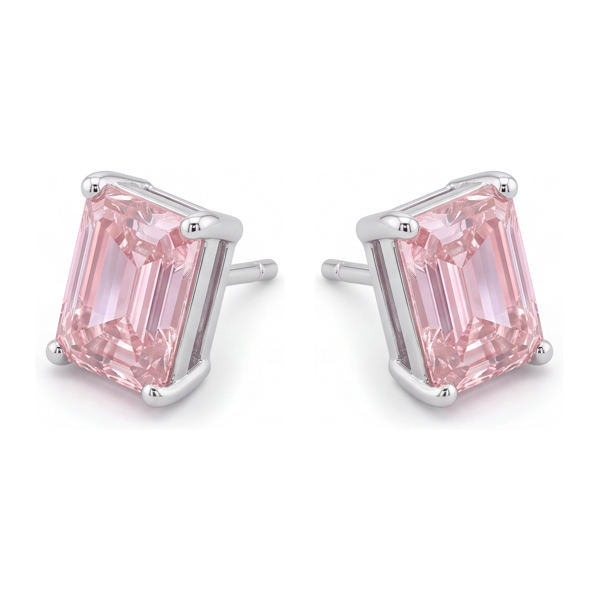 Pink Diamond Stud Earrings 3 Carat Lab Grown Emerald Cut 14K White Gold