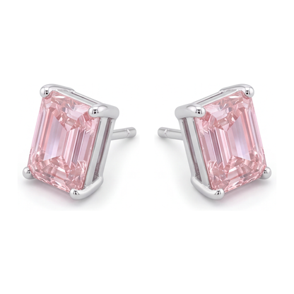 Pink Diamond Stud Earrings 3 Carat Lab Grown Emerald Cut 14K White Gold