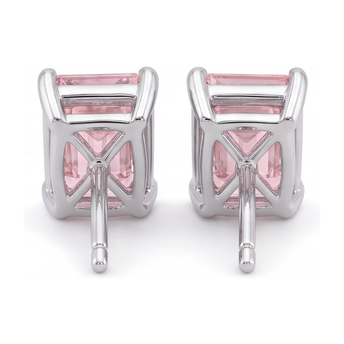 Pink Diamond Stud Earrings 3 Carat Lab Grown Emerald Cut 14K White Gold