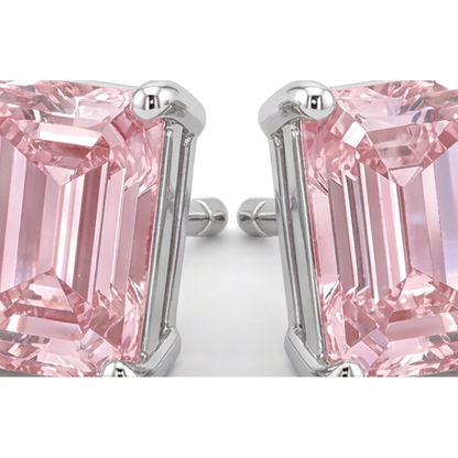 Pink Diamond Stud Earrings 3 Carat Lab Grown Emerald Cut 14K White Gold