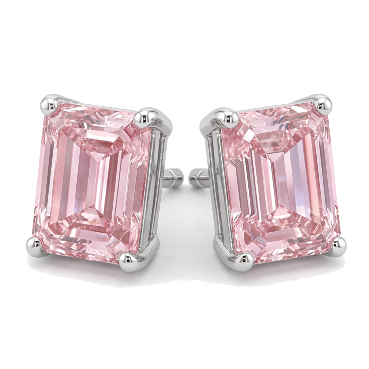 Pink Diamond Stud Earrings 3 Carat Lab Grown Emerald Cut 14K White Gold