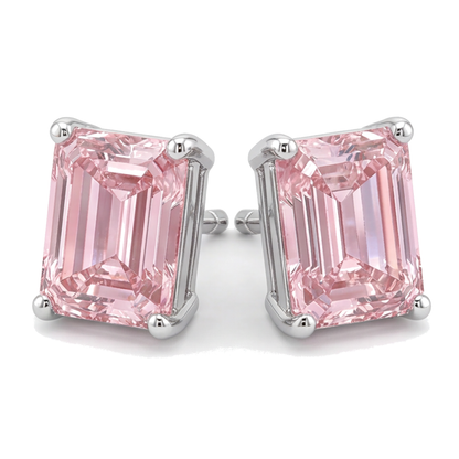 Pink Diamond Stud Earrings 3 Carat Lab Grown Emerald Cut 14K White Gold