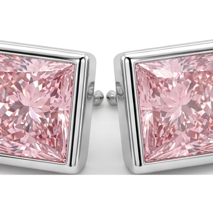 Pink Diamond Stud Earrings 3 Carat Lab Grown Princess Bezel 14K White Gold