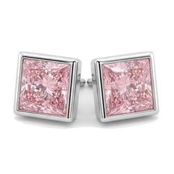 Pink Diamond Stud Earrings 3 Carat Lab Grown Princess Bezel 14K White Gold