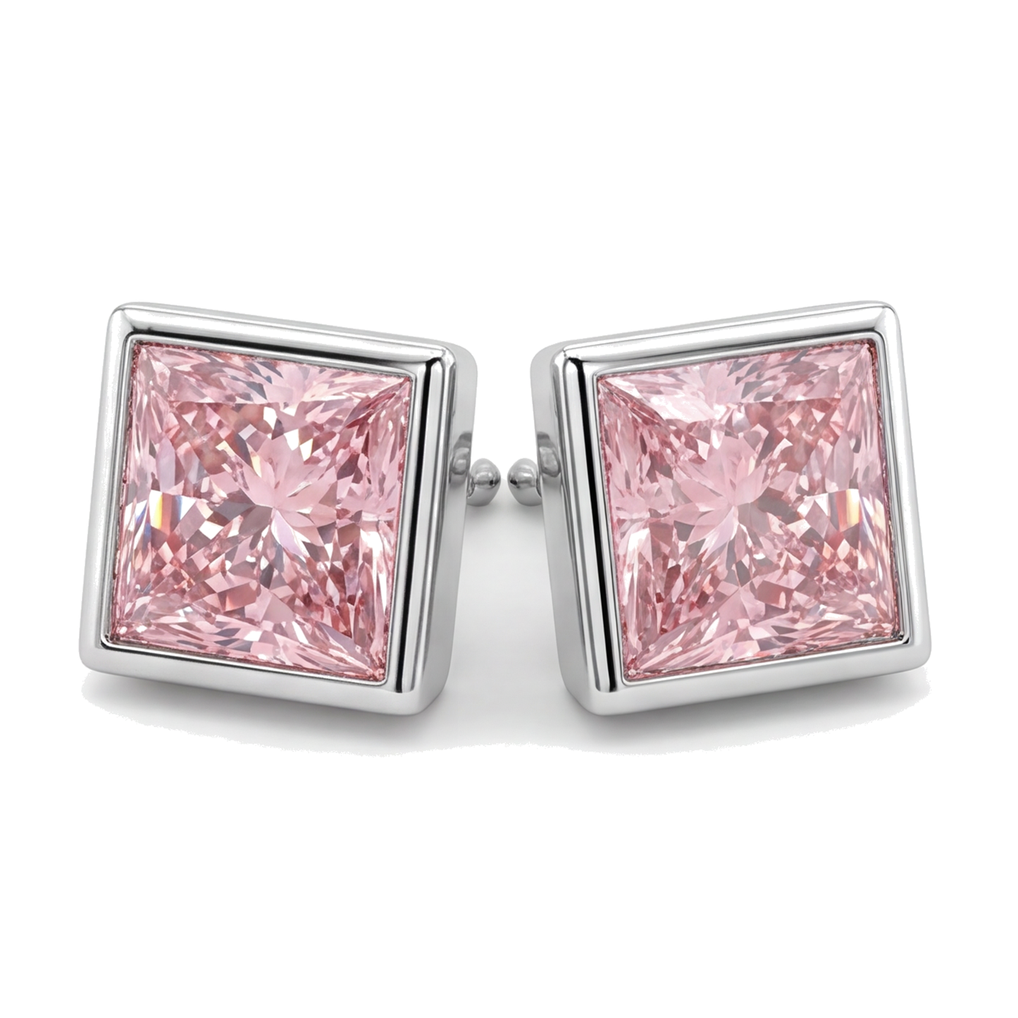 Pink Diamond Stud Earrings 3 Carat Lab Grown Princess Bezel 14K White Gold