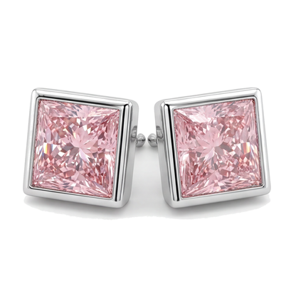 Pink Diamond Stud Earrings 3 Carat Lab Grown Princess Bezel 14K White Gold