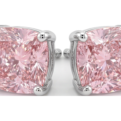 Pink Diamond Stud Earrings 4 Carat Lab Grown Cushion 14K White Gold