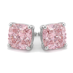 Pink Diamond Stud Earrings 4 Carat Lab Grown Cushion 14K White Gold