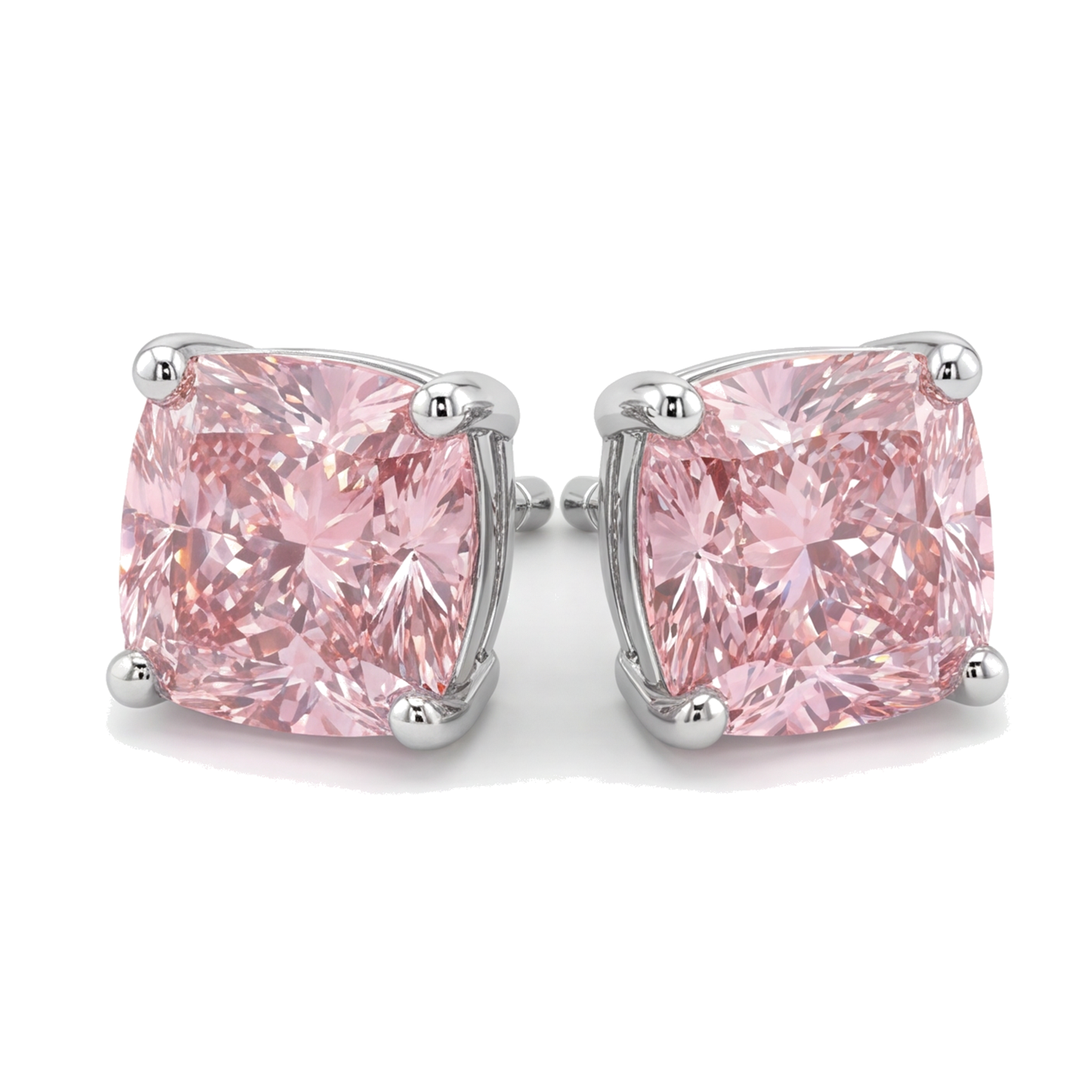 Pink Diamond Stud Earrings 4 Carat Lab Grown Cushion 14K White Gold
